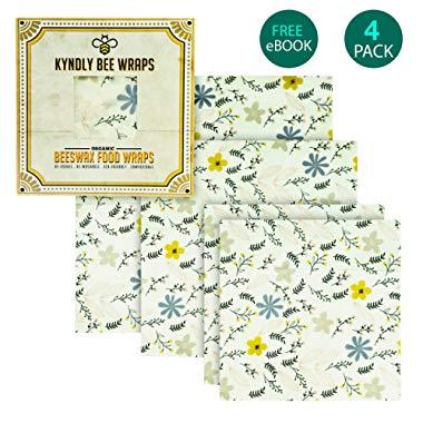 KYNDLY Beeswax Food Wrap. Eco-Friendly Reusable Wrappers. 100% Organic Cotton, Non Toxic, All Natural Food Grade Storage. Sustainable, Compostable and Biodegradable. 4 Pack, 2xS 1xM 1xL (VINTAGE)