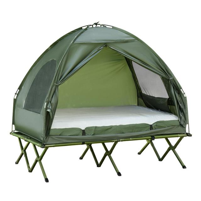 Outsunny 2 Person Foldable Camping Cot, Portable Outdoor with Sleeping Bag & Thick Air Mattress, Multifunctional Elevated Camping Bed Tent for 2