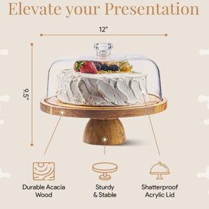Acacia Wood Cake Stand with Lid - Cake Stand with Dome,12in Round Cake Holder, 2-in-1 Dessert Table Display Set & Charcuterie Board for Cheese, Chips & Dips, Fruit Platter, Large Acrylic Cake Dome Cover