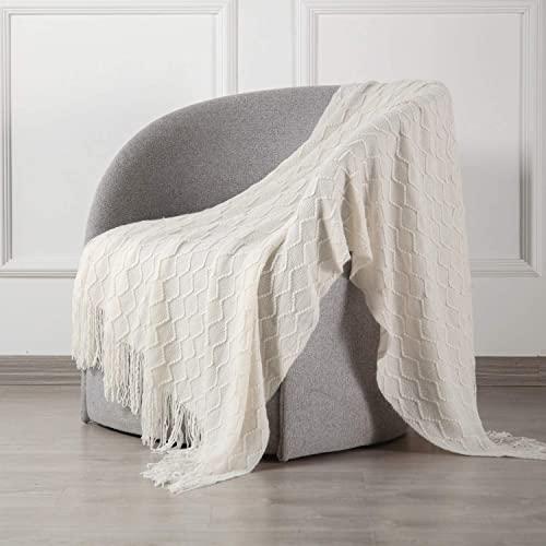 SPAOMY Throw Blanket, Knit Blanket with Tassels, Textured Cozy Lightweight Decorative Throw Blanket for Couch, Bed, Sofa, Travel- All Seasons (50x60 Inch, Beige)