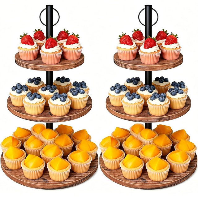 LZelriy Cupcake Stand, 2 Pack Rustic Wood Cake Stand, 3 Tier Cupcake Tower Round Tiered Tray Stand for Dessert Table Display, Industrial Wooden Serving Stand Wedding, Graduation and Baby Shower