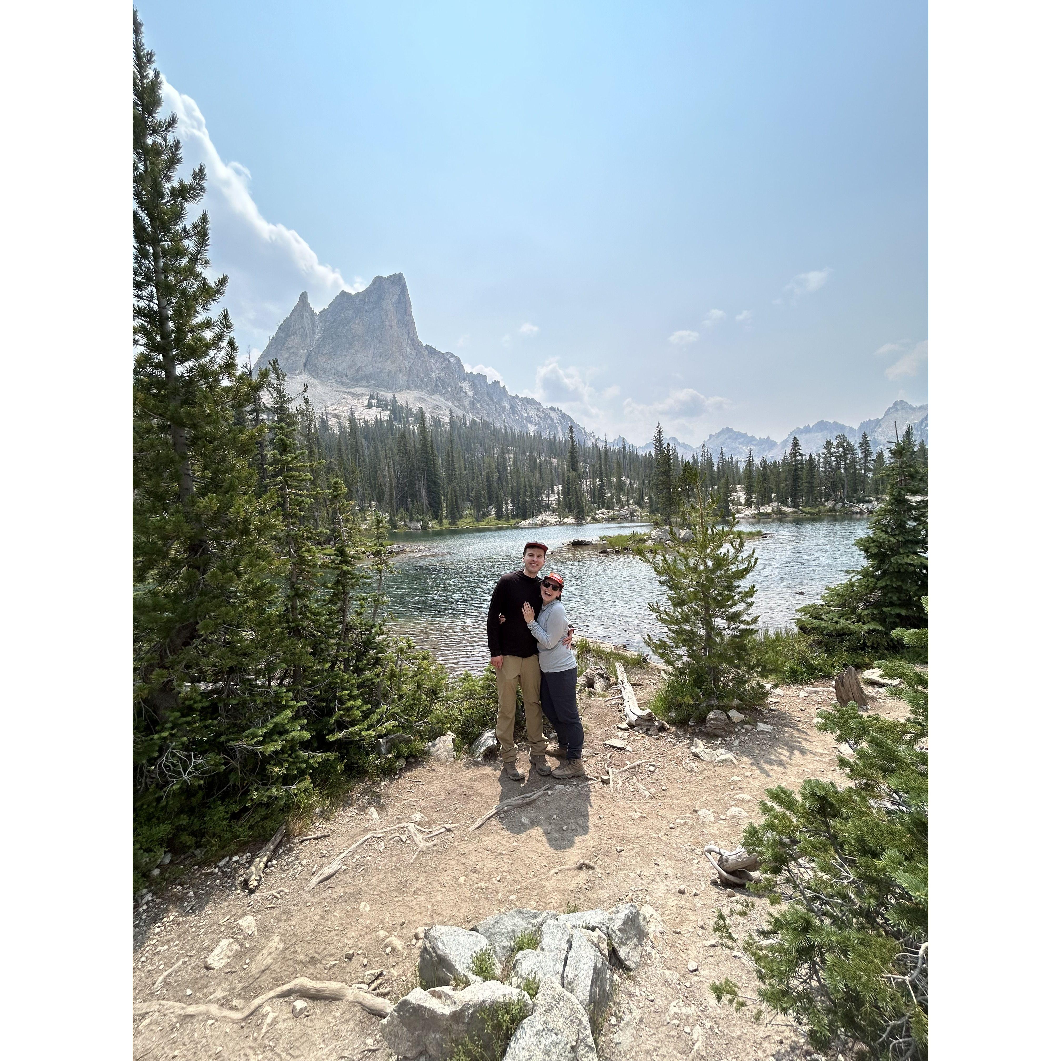 The proposal in the Sawtooth Mountain Range at Alice Lake