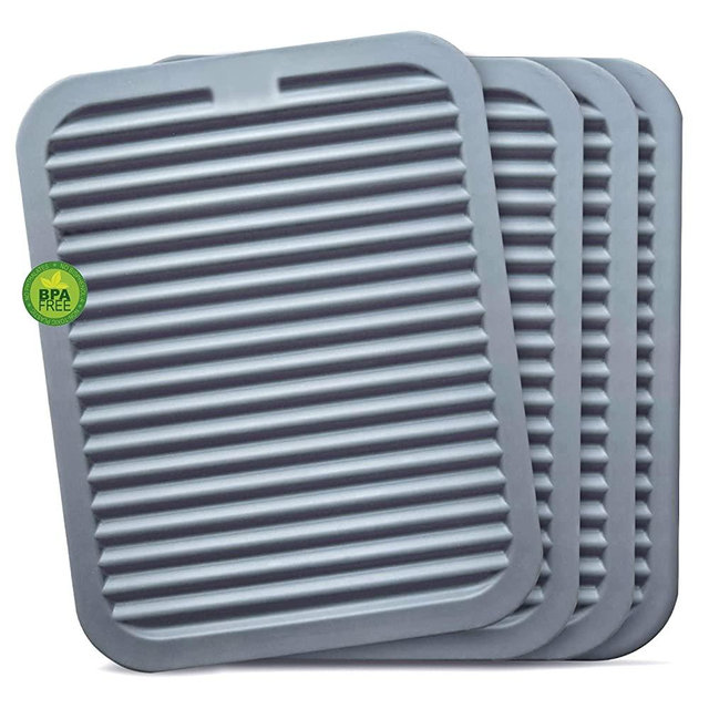 Walfos Silicone Trivets for Hot Pots and Pans - Heat Resistant Hot Pads for Kitchen Counter- 4 Pcs Multi-Purpose & Versatile Trivet Mat - Durable & Flexible Silicone Hot Pad（Gray）
