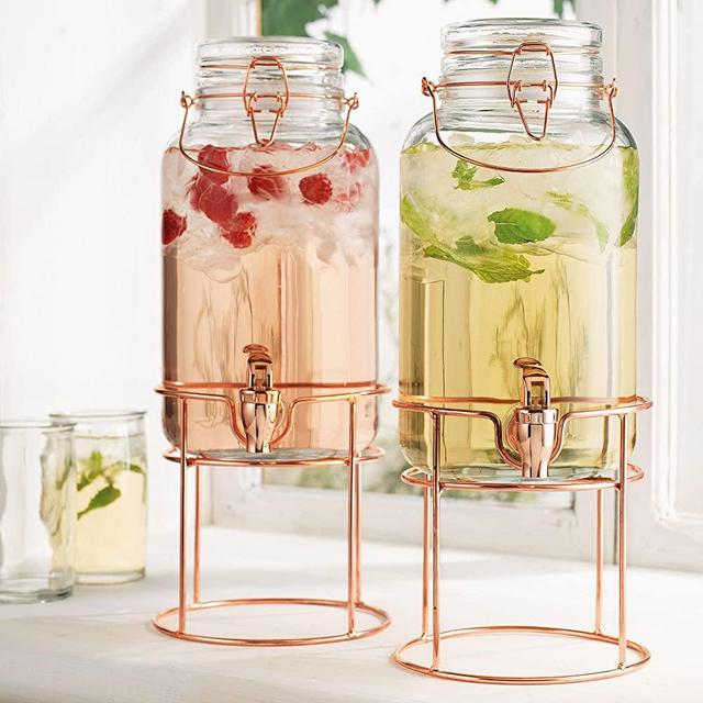 Elegant Home Set of Two (2) Quality Clear Glass Each (1) Gallon Each Glass Bail & Trigger Locking Lid Beverage Dispenser with Spout on Copper Metal Stand.