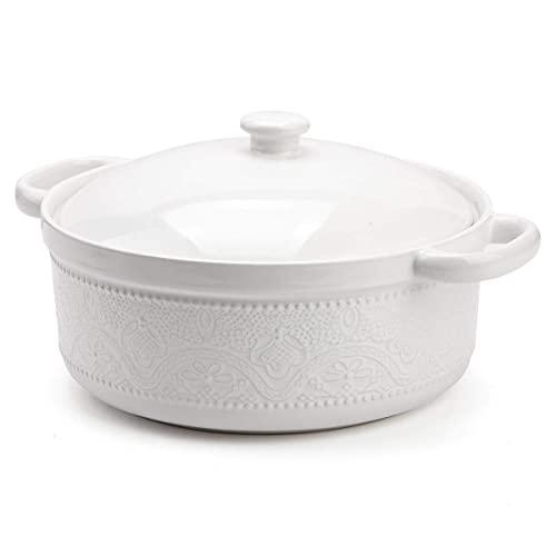 Casserole Dish with Lid，1.8 Quart Ceremic Casserole Pan with Lace Emboss for Bakeware Oven (11")