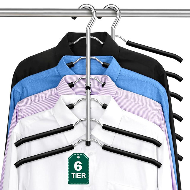 DOIOWN Space Saving 6 Tier Coat Hangers: Non Slip Foam Padded, Black Metal Sweater & T Shirt Hangers (3 Pack) for Men & Women, Closet Organizers