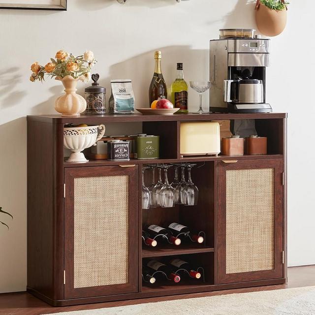 Lerliuo Rattan Wine Cabinet with 2 Doors, Boho Liquor Cabinet with Wine Racks, Farmhouse Coffee Bar Station for Living Room, Dining Room, Kitchen, Walnut