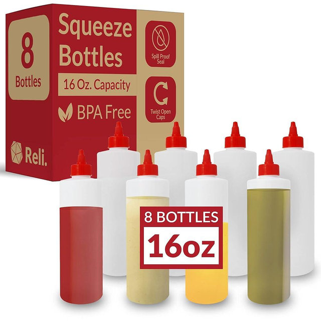 Reli. Plastic Squeeze Bottles, 16 oz. | 8 Pack | Condiment Squeeze Bottles for Sauces | Clear w/Red Twist Cap | 16 Ounce Hot Sauce, Ketchup | Condiments, Olive Oil, Liquids