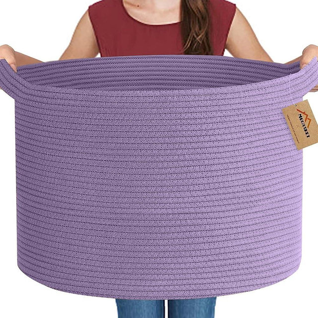 MEGASKET Purple Rope Storage Basket, 22" X 14" Large Woven Baskets, Jumbo Floor Bin for Throw Blankets Pillows, Baby Laundry Basket, Dirty Clothes Organizer, Big Storage Bin for Toys, Towels