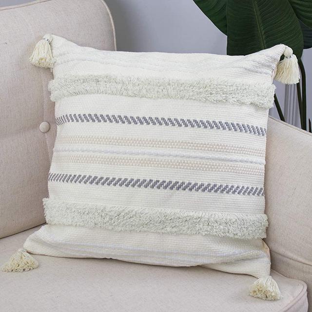 blue page Boho Neutral Decorative Throw Pillow Covers, Woven Tufted Pillowcase for Couch Sofa Bedroom Living Room, Indoor Outdoor Pillow Cases with Tassels (18X18 inch, Ivory Grey)