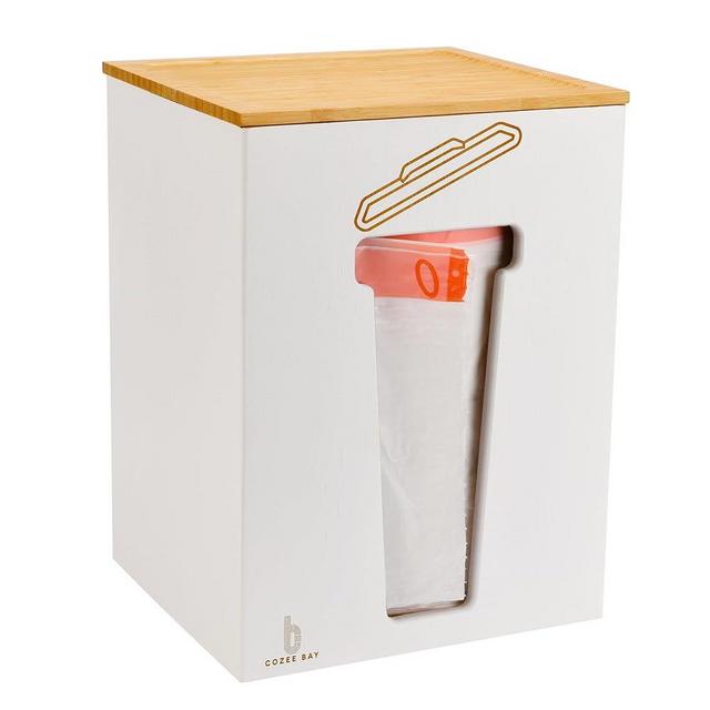 Cozee Bay Bamboo Trash Bag Dispenser with Lid, Trash Bag Holder Organizer, Garbage Bag Dispenser for Kitchen Countertop, Under Sink and Wall Mount - Extra Large (White)
