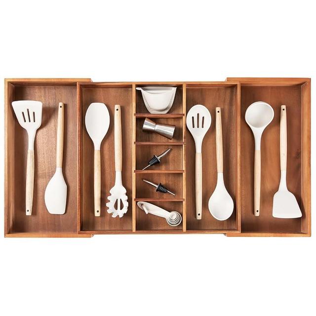 KitchenEdge Adjustable Kitchen Drawer Organizer for Utensils and Junk, Expandable to 19 to 33 Inches Wide, 9 Compartments, Food-Safe Premium Acacia Wood Finish Kitchen Storage Tray