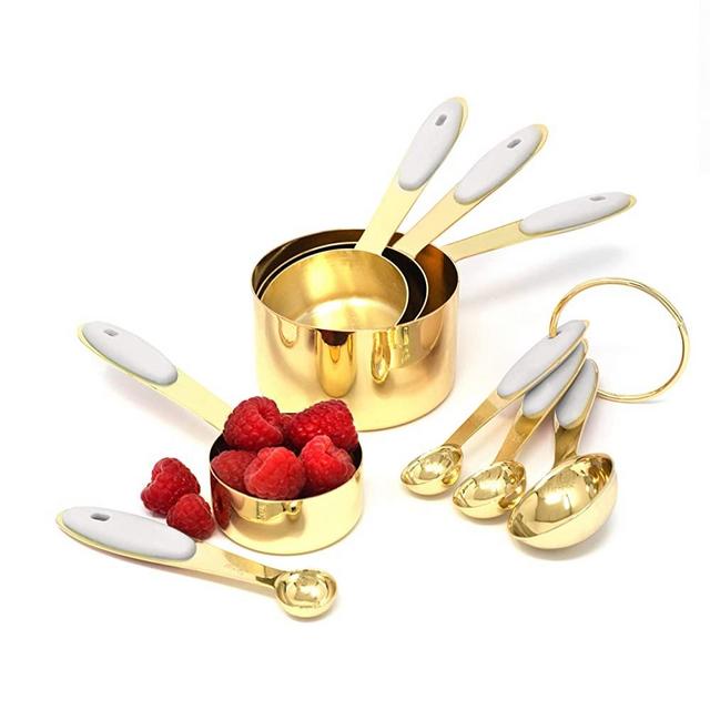 White & Gold Measuring Cups and Spoons Set - Cute Measuring Cups -8PC Gold Stainless Steel Measuring Cups and Spoons Set with White Silicone Handle - Gold Kitchen Accessories -Metal Measuring Cups Set
