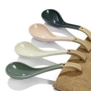 Asian Ceramic Soup Spoon, with Long Handle Easy to Hold, Non-slip Bottom, for Japanese Ramen, Chinese and Vietnamese Wonton, Noodle Soup Spoons (V38)