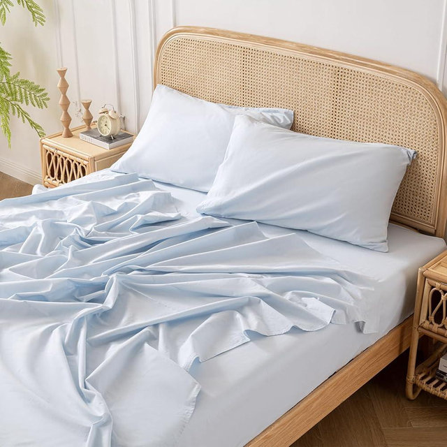 Yibeizi Light Blue 100% Washed Cotton Linen Feel Sheet Set King Size, 4 Pieces Deep Pocket Bed Sheets Soft Breathable Hotel Bedsheets