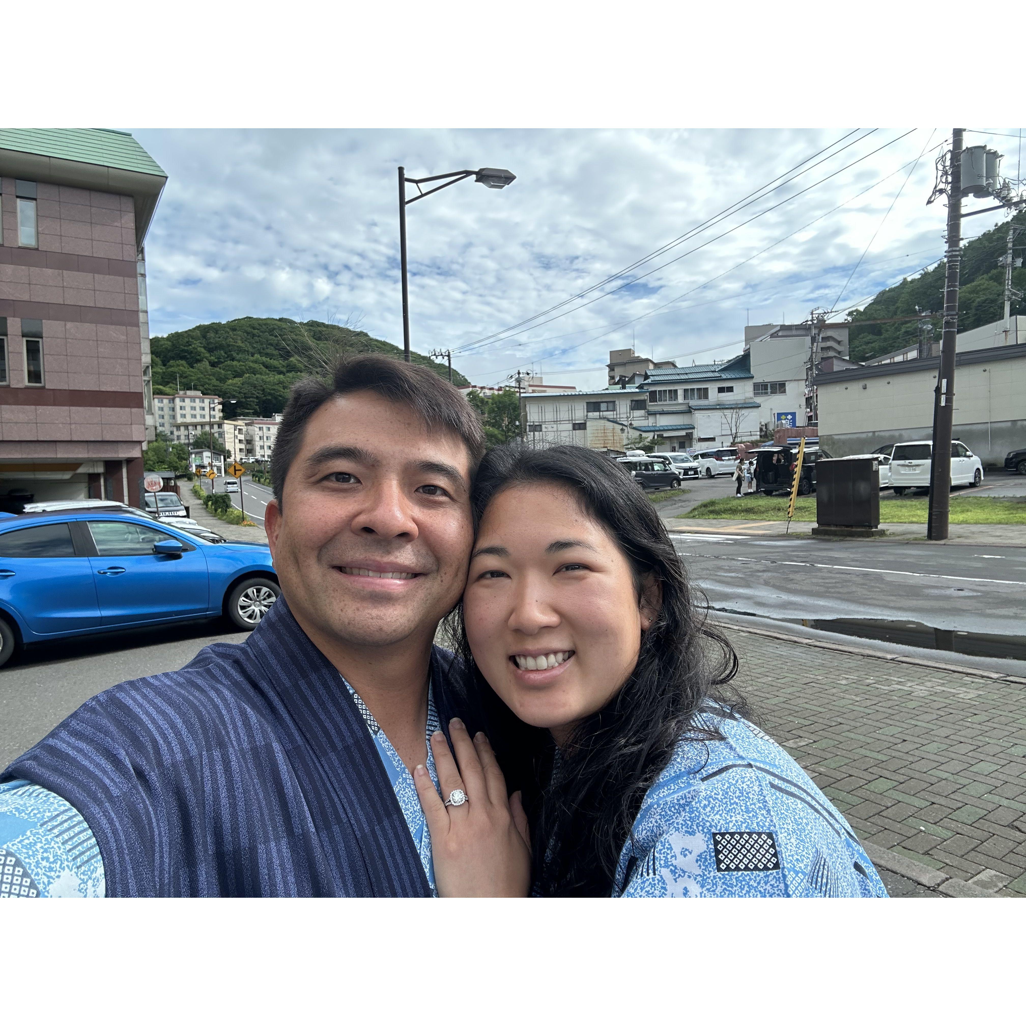 The first morning newly engaged outside our hotel in Jigokudani, Hokkaido