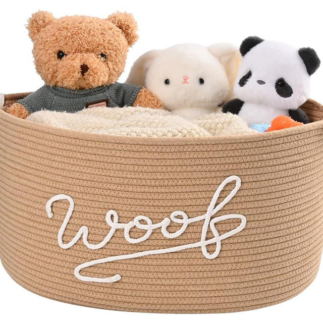 Degeyoyo Woof Dog Toy Basket, Large Dog Toy Storage Bin with Durable Handles, Woven Dog Basket for Blankets, Toys, Chews, Pet Toy Storage Box for Nursery, Living Room, Bedroom, 17”x12”x9, Beige