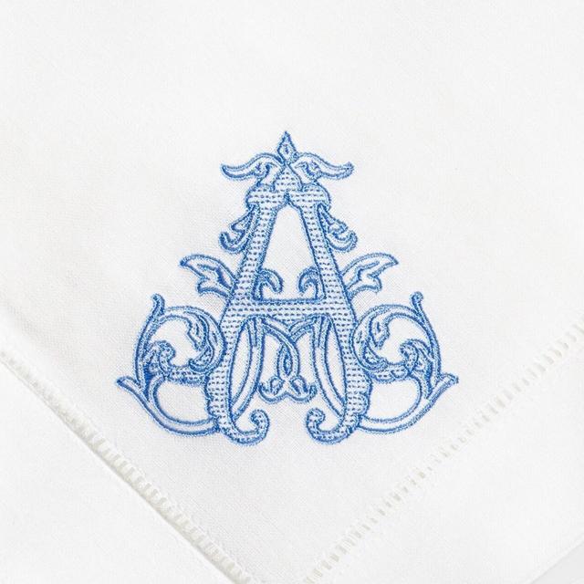 Embroidered Napkins Personalized with Vine Single Letter Monogram on White Linen Hemstitch from Threads & Honey
