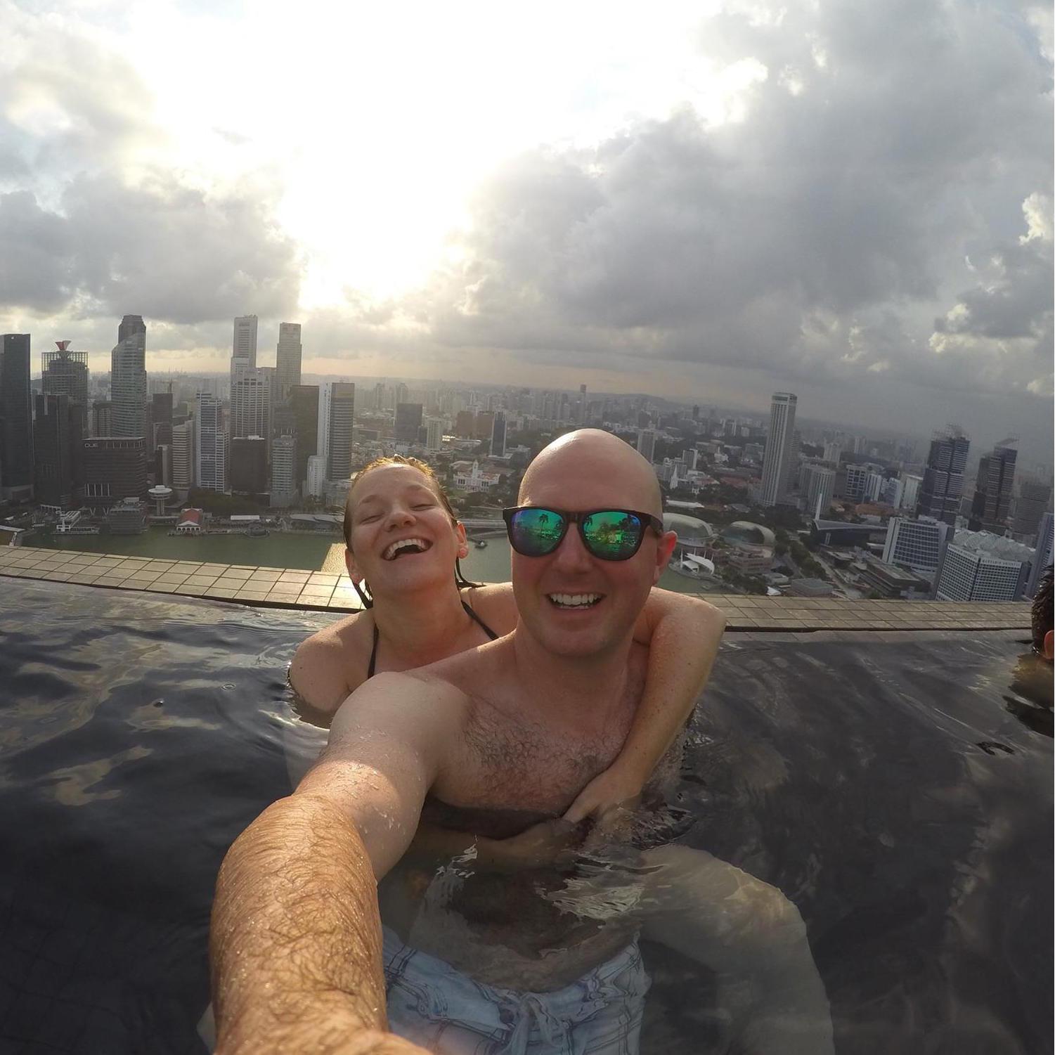 Enjoying the rooftop infinity pool in Singapore on the last day of our SE Asia adventure