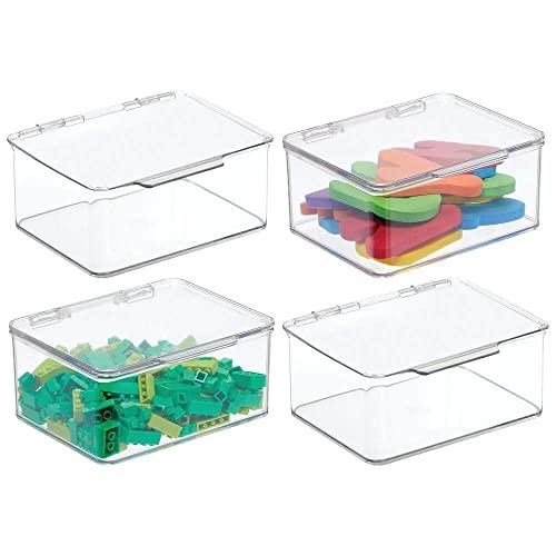 mDesign Plastic Stackable Organizer Toy Box with Attached Lid for Storage of Action Figures, Crayons, Markers, Building Blocks, Puzzles, Craft or School Supplies - 3" High, 4 Pack - Clear