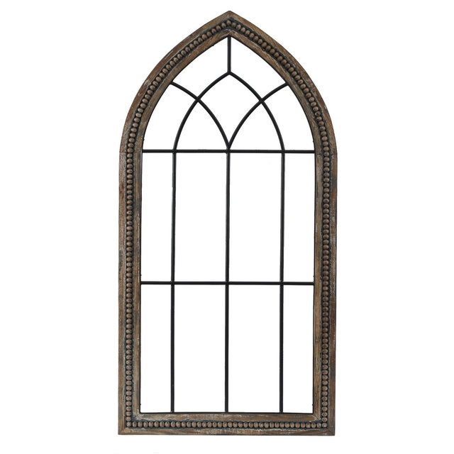 LuxenHome Rustic Wood and Black Metal Arched Window Wall Decor Brown