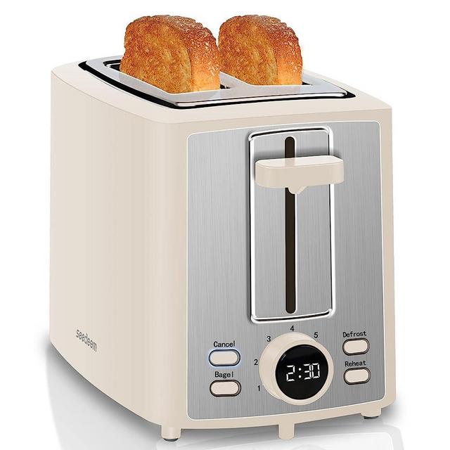 SEEDEEM Toaster 2 Slice, Bread Toaster with LCD Display, 7 Shade Settings, 1.４'' Variable Extra Wide Slots Toaster with Cancel, Bagel, Defrost, Reheat Functions, Removable Crumb Tray, 900W, Cream White