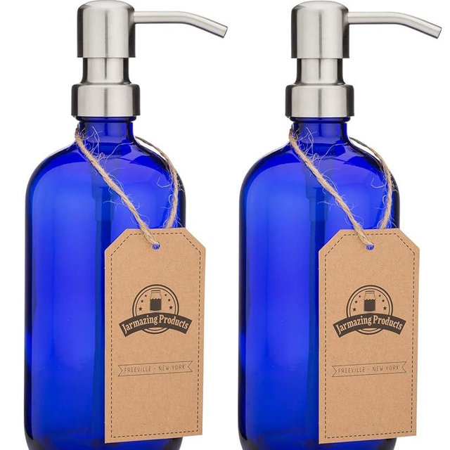 Cobalt Blue Glass Pint Jar Soap and Lotion Dispenser with Metal Pump - 16 Ounce - (Stainless Steel, 2)