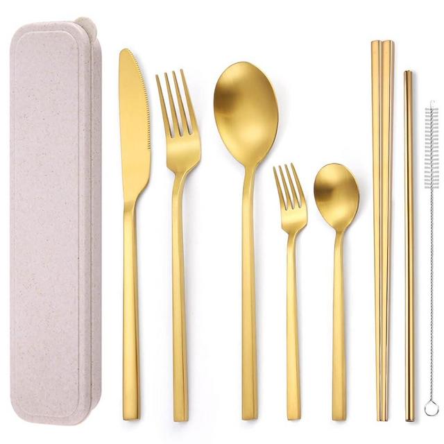 AARainbow 8 Pieces Stainless Steel Flatware Set Portable Reusable Cutlery Set Travel Utensils Set Including Chopsticks Knife Fork Spoon Straws Cleaning Brush Dishwasher Safe (B-Golden)