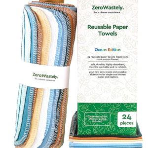 Reusable Paper Towels - Value Pack of 24 Paperless Paper Towels! - 100% Cotton, Super Soft, Absorbent, Washable and Made To Last
