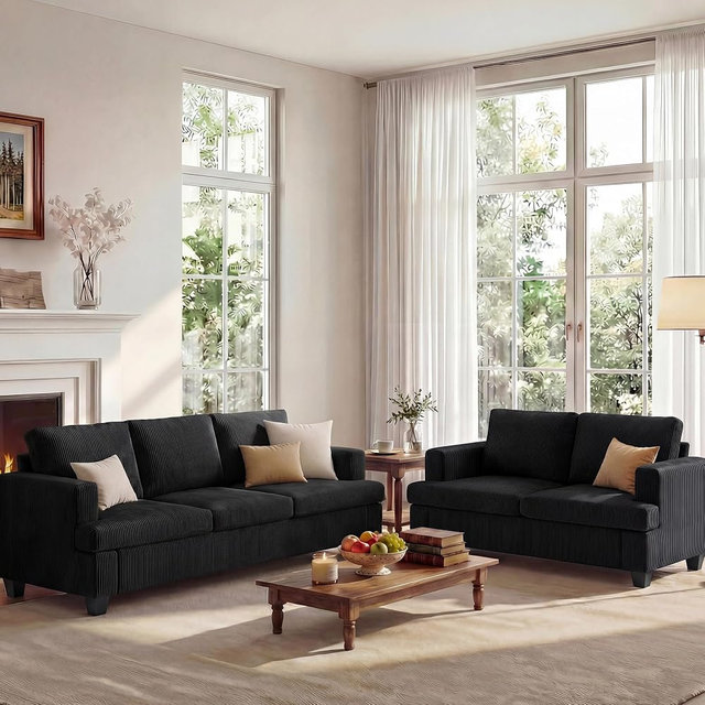 Apicizon Loveseat & 3 Seater Sofa Sets, 89" Couch Sofa Set for Living Room Furniture, 2 Piece Modern Sleeper Sofa with Deep Seat Cloud Couch for Apartment Lounge, Black Corduroy