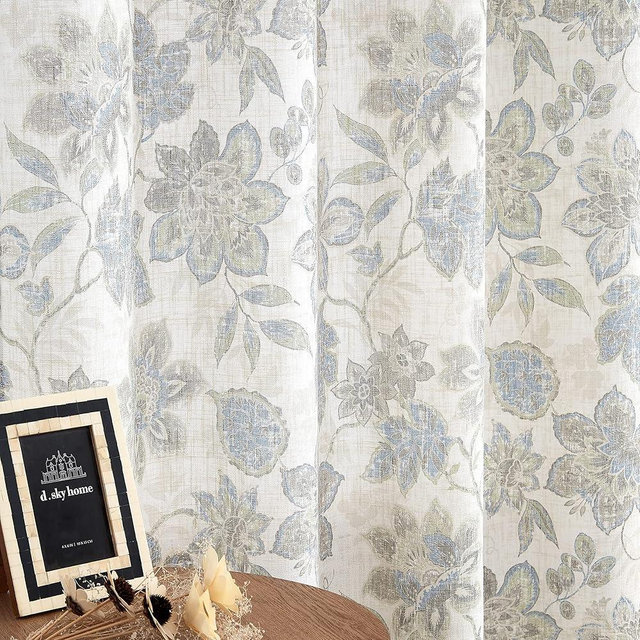 Central Park Floral Botanical Light Filtering Curtain Panel with Green and Blue Leaf for Rustic Farmhouse Linen Texture Grommet Top Window Treatment Drapes for Living Room Bedroom 52"x84", 2 Panels