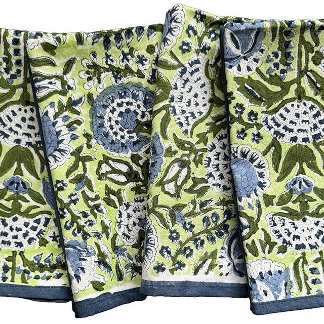 ATOSII Amara 100% Cotton Summer Dinner Napkins, Block Print, Durable Linen for Everyday Use, Weddings, Parties, Outdoors I 20 X 20 Inches, Set of 4 I Farmhouse Grandmillennial Coastal Table Decor
