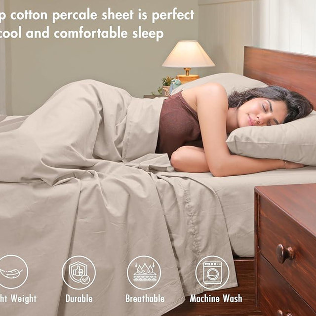 RUVANTI 100% Cotton Percale Sheets Queen – Crisp Cooling Summer Bed Sheets for Hot Sleepers, Deep Pocket 14”, Soft Peach Finish, Breathable & Durable Hotel-Style 4 Piece Set, Linen