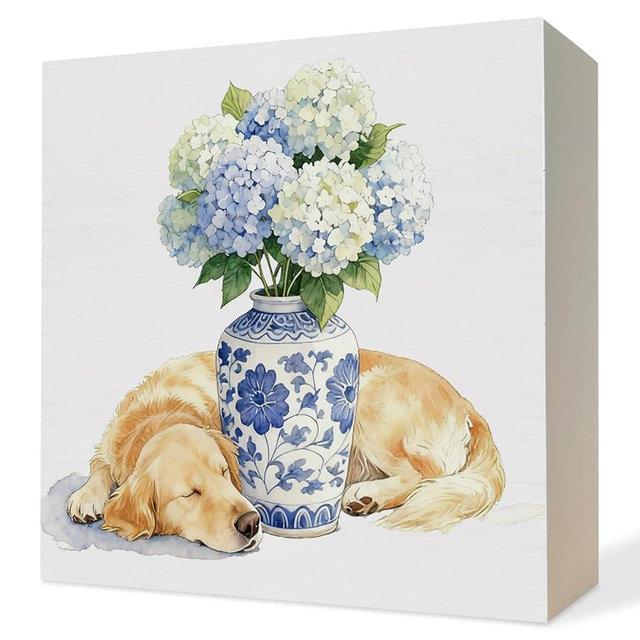 ATBWGT Chinoiserie Golden Retriever Hydrangea Wooden Box Sign,Golden Dog House Warming Gifts for Women Men,Grandmillennial Wood Block Plaque Signs for Home Office Desk Table Shelf Decor,5x5 Inch