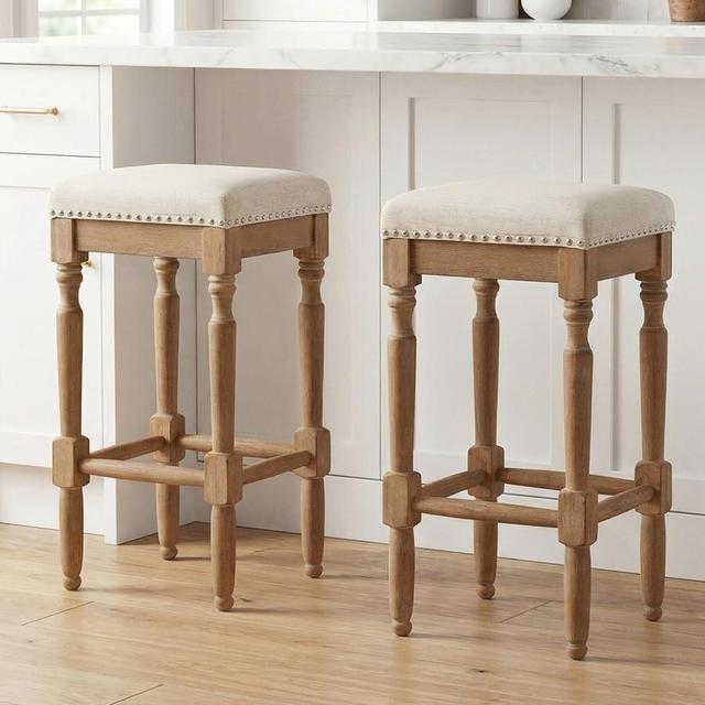 DM Furniture Counter Height Bar Stools Set of 2 Backless Wooden Counter Stools with Nailhead Trim Seat 26" Height Bar Stools for Kitchen Island/Patio/Balcony, Beige Fabric with Natural Color Legs
