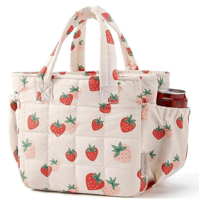 BAGSMART Lunch Bag for Women Small Cute Strawberry Quilted Lunch Box Insulated Lightweight, Leakproof, Durable & Reusable Tote Bag for Work, Travel, Outdoor, Picnic