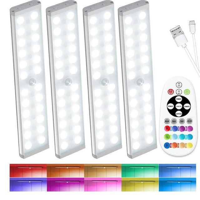 SZOKLED 58-LED Under Cabinet Lighting Wireless, RGB Motion Sensor Night Lights with Remote, 1100mAh Magnetic Under Cabinet Lights for Kitchen, Shelf, Stair, 15 Color (4 Pcs)