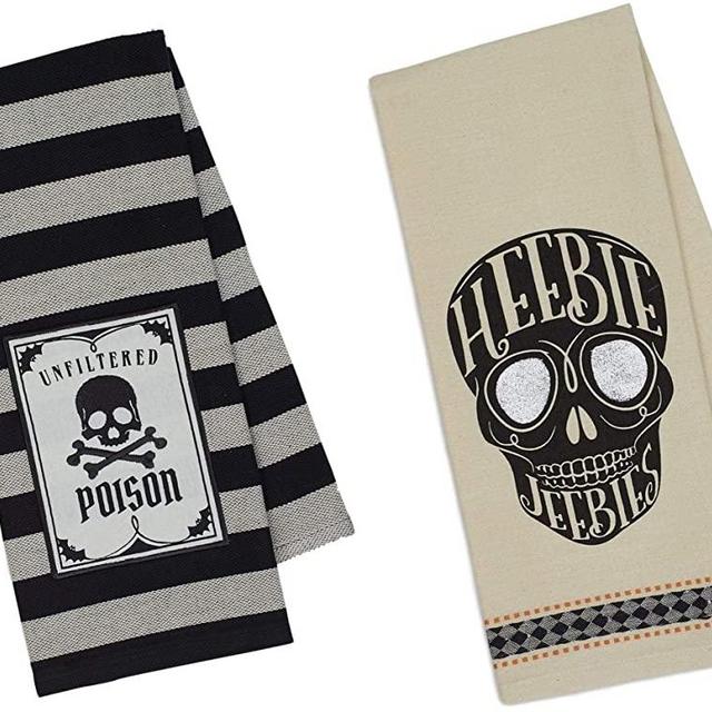 Design Imports DII Halloween Kitchen Dish Towel Bundle Set of 2 in a Black Organza Bag - Heebie Jeebies - Skull Poison