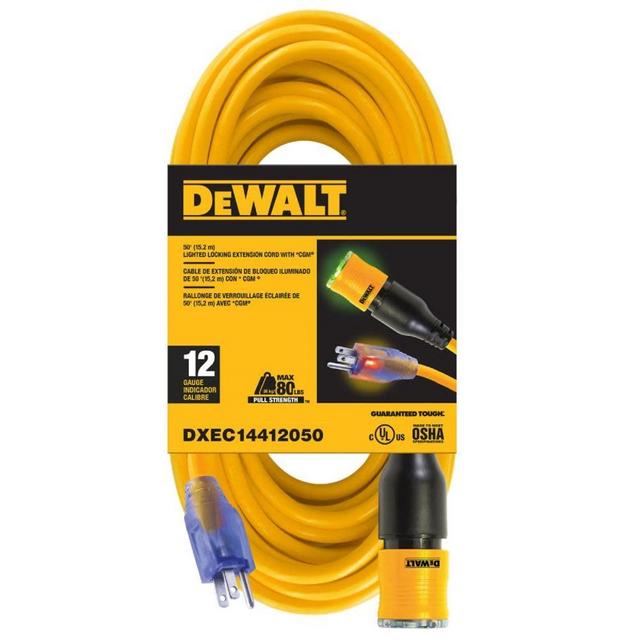 50 Foot 12/3 SJTW DEWALT Click-to-Lock Lighted Extension Cord