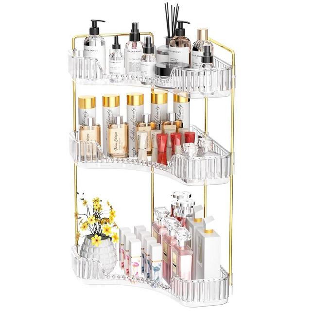 GTI 3-Tier Corner Bathroom Counter Organizer, Large Capacity Makeup Organizer Countertop, Perfume Cosmetics Skincare Vanity Organizers, Exquisite Countertop Storage for Women (Clear)