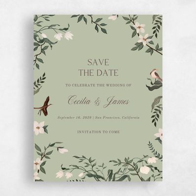 Olive Sage, Green Wedding Save the Date - Oiseau Portrait
