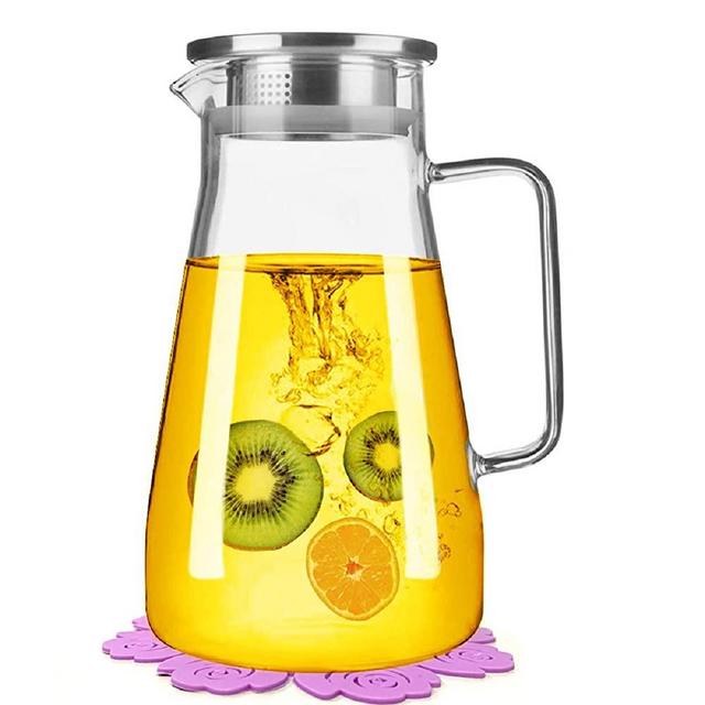 BOQO Glass Jug With Lid,Water Carafe with Stainless Steel Silicone Flip-top Lid and Particular Coaster Brush,Glass Water Jar (68oz/2000ml).