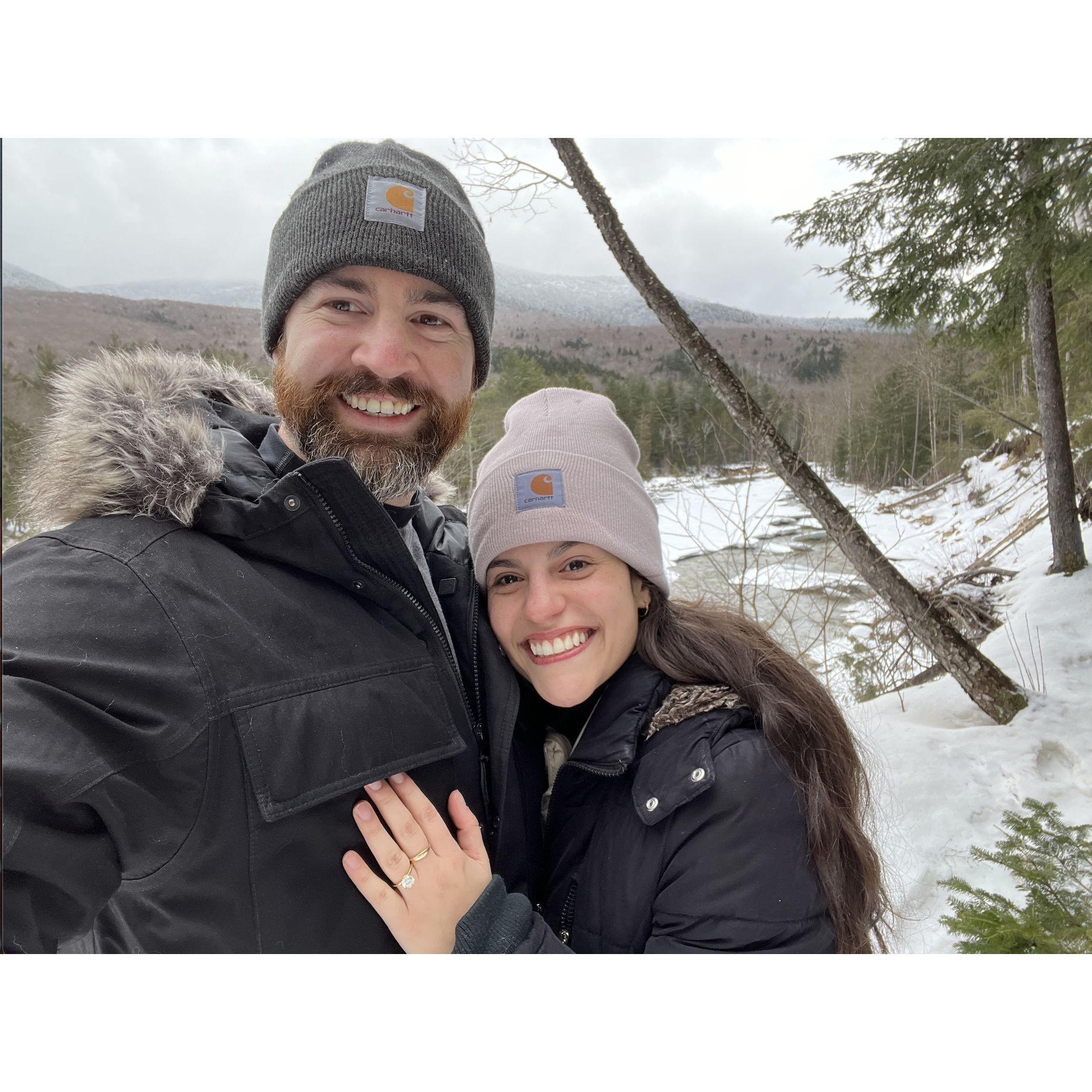 Joe proposes to Jennie - February 2, 2024 on a hike along the Kancamagus highway in New Hampshire.