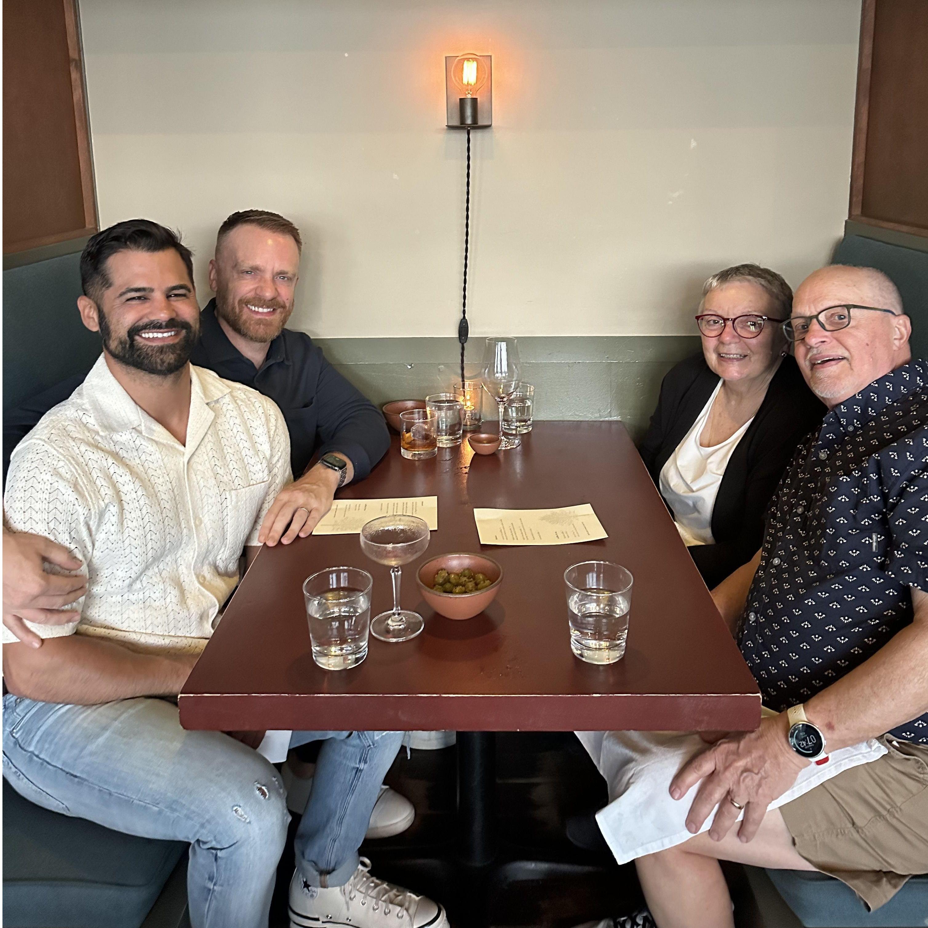 At Rustic Canyon in Santa Monica with Pete's parents, Joe and Debbie.