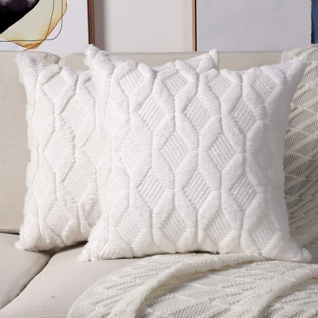 Madizz Pack of 2 Soft Plush Short Wool Velvet Decorative Throw Pillow Covers Luxury Style Cushion Case Pillow Shell for Sofa Bedroom Square White 20x20 inch