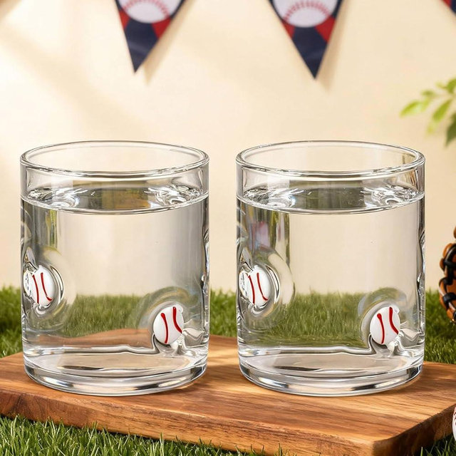 SiliFine 4 Pack Baseball Icon Glass Cups 14oz Icon Juice Glasses Double Old Fashioned Hand Blown Stemless Wine Glasses Reusable Drinking Cup for Birthday Sport Party Gifts Supplies (Baseball)