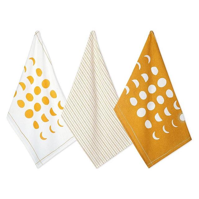 Folkulture Kitchen Towels and Dishcloths Sets, 18 X 28 Inches Highly Absorbent Dish Towels with Hanging Loop, Set of 3 Boho Tea Towel for Farmhouse Décor for Spring, 100% Cotton, Mustard