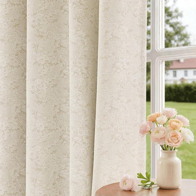 Geomoroccan Light Beige Floral Jacquard Blackout Curtains 96 Inches Long for Living Room Bedroom Cream Chenille Flower Room Darkening Thermal Insulated Soundproof Grommet Window Drapes 2 Panels