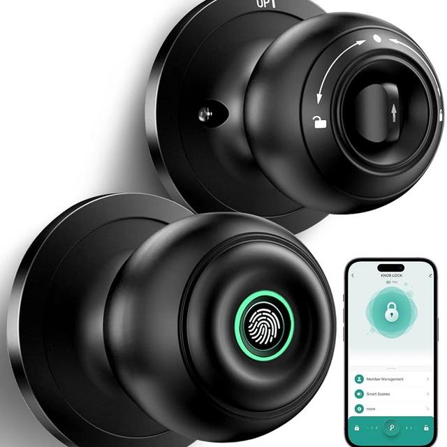 Fingerprint Door Lock, Smart Fingerprint Door Knob with Lock, Biometric Door knob with App Control & Key, Keyless Thumbprint Entry Door Lock for Bedroom, Front Door, Home, Apartment Office-Matte Black