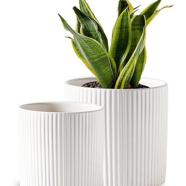 Swkien Planters for Indoor Plants, 8+6.5 Inch Plants Pot, Large Ceramic Pots for Plants with Drainage Hole, Flower Pot for Home and Office, White